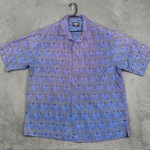 Rocawear Shirt Mens XL Blue Geometric Cube Print Short Sleeve Button Up VTG